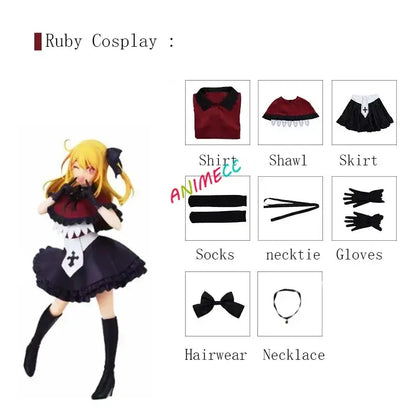 Ruby cosplay stage dress wig featuring maroon and black maid-style dress with ruffled details lace trim and cross motifs