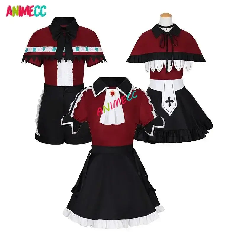 Three red and black anime-style maid stage dress wigs with white ruffled trim in oshi no ko b-komachi design XS-2XL