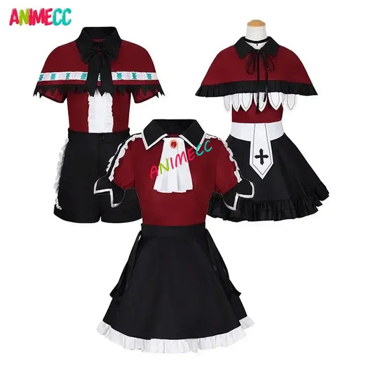 Three red and black anime-style maid stage dress wigs with white ruffled trim in oshi no ko b-komachi design XS-2XL