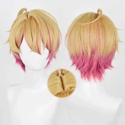 Oshi no ko hoshino ai cosplay wig with vibrant blonde to pink gradient heat resistant synthetic fibers in two high ponytails