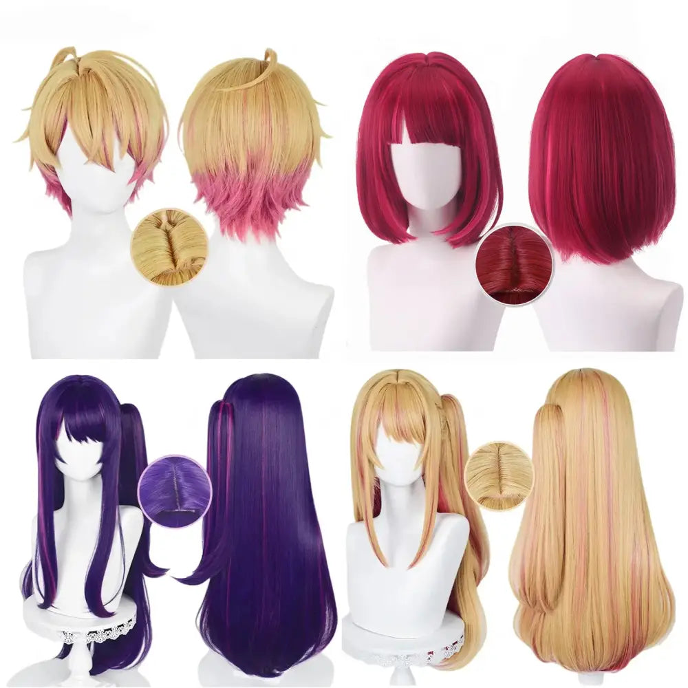 A collection of heat resistant synthetic cosplay wigs with vibrant colors including hoshino ai cosplay styles