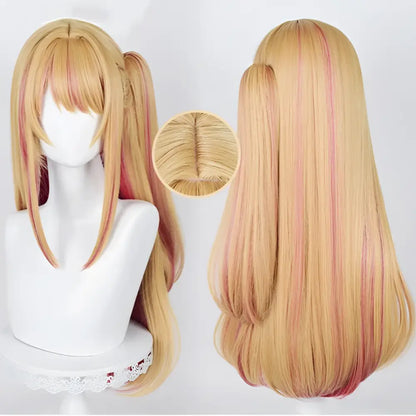 Long straight blonde cosplay wig with pink highlights and side ponytail for hoshino ai cosplay heat resistant hair