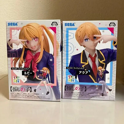 Two sega oshi no ko premium ruby pvc figures of lupi and akua in colorful school uniforms 13cm tall