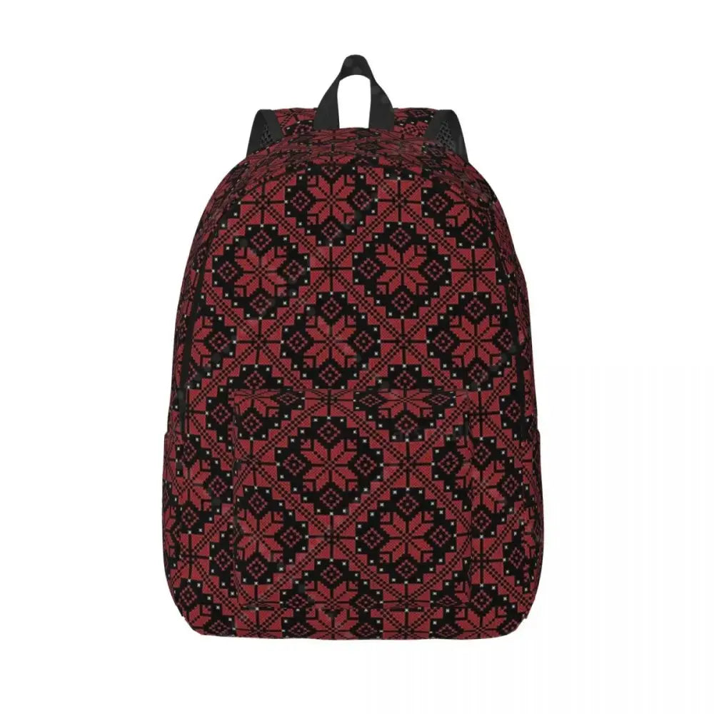 Palestinian tatreez backpack embroidered canvas laptop bag with red and black nordic geometric snowflake design