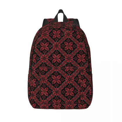 Palestinian tatreez backpack embroidered canvas laptop bag with red and black nordic geometric snowflake design