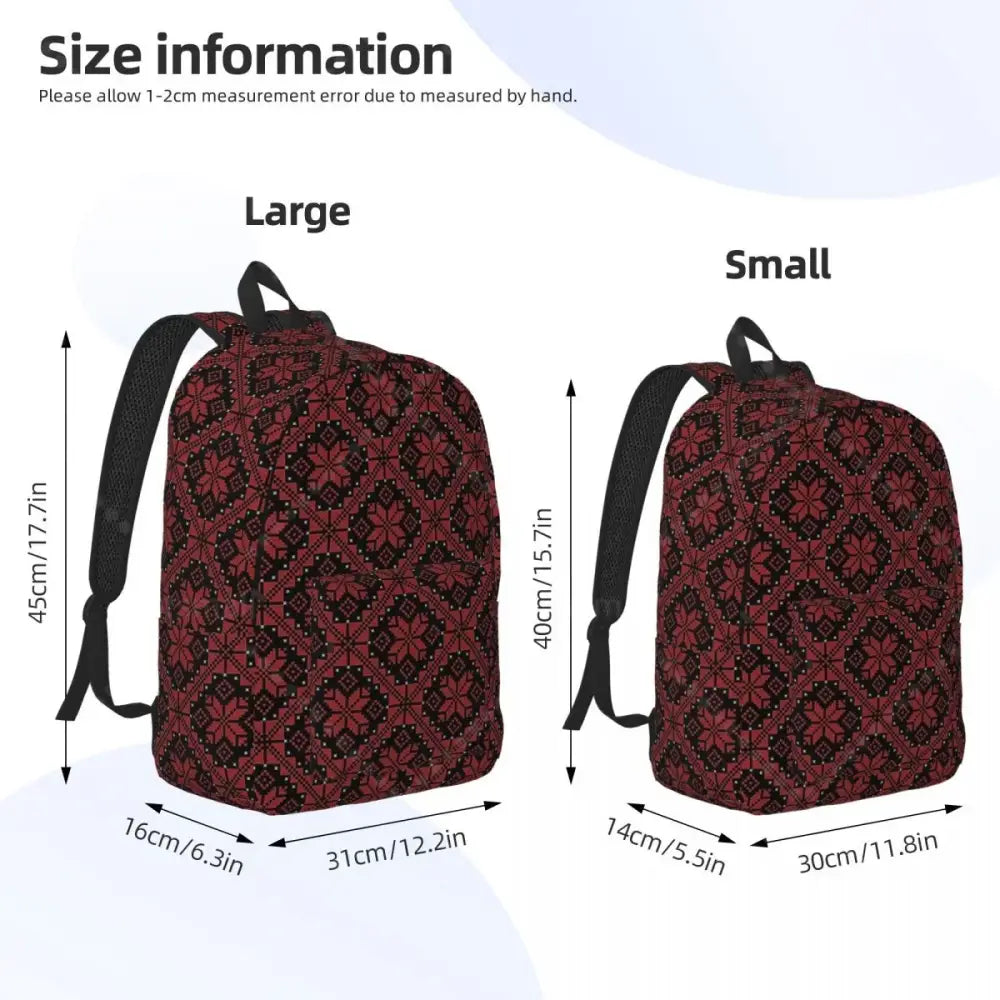 Maroon and black geometric patterned palestinian tatreez backpack with embroidered canvas and adjustable shoulder straps
