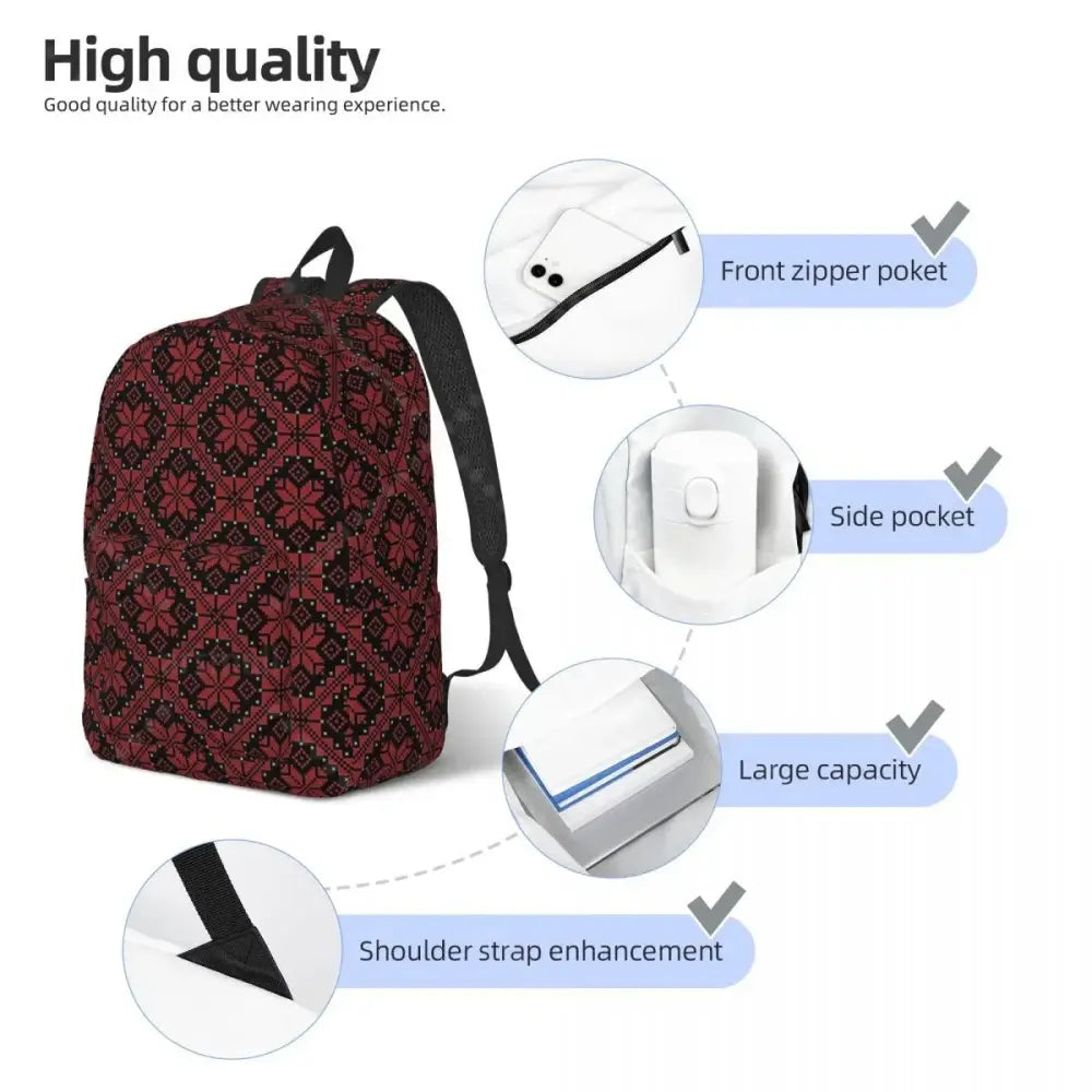 Palestinian tatreez backpack red and black embroidered canvas laptop bag with intricate geometric design