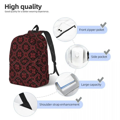 Palestinian tatreez backpack red and black embroidered canvas laptop bag with intricate geometric design