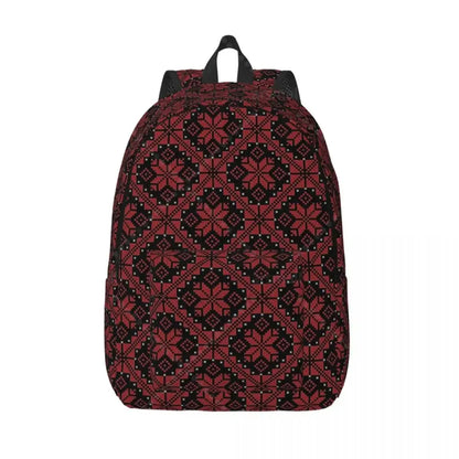 Palestinian tatreez backpack red and black embroidered canvas laptop bag with nordic geometric and snowflake design