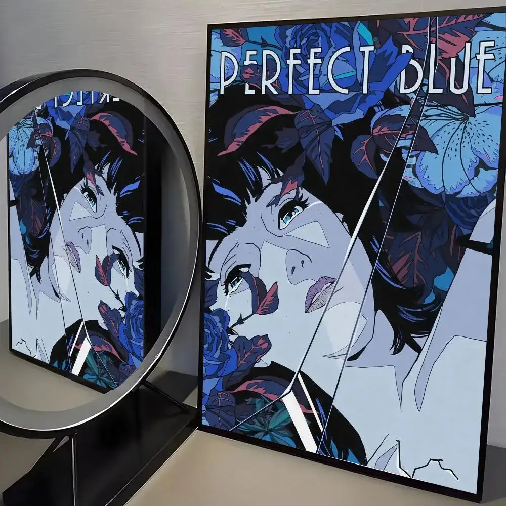 Stylish minimalist wall art perfect blue poster with bold blue and black floral patterns on pp paper