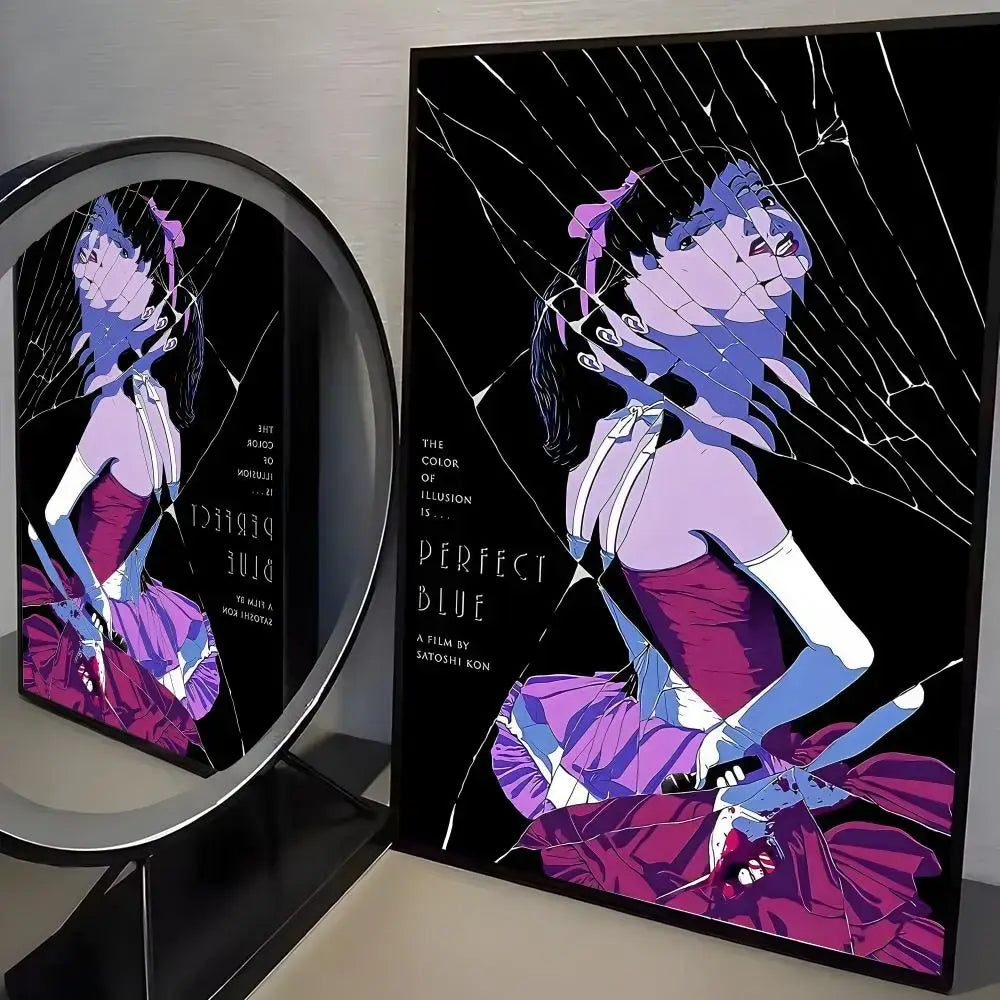 A framed anime style perfect blue poster by satoshi kon featuring purple and blue tones minimalist wall art