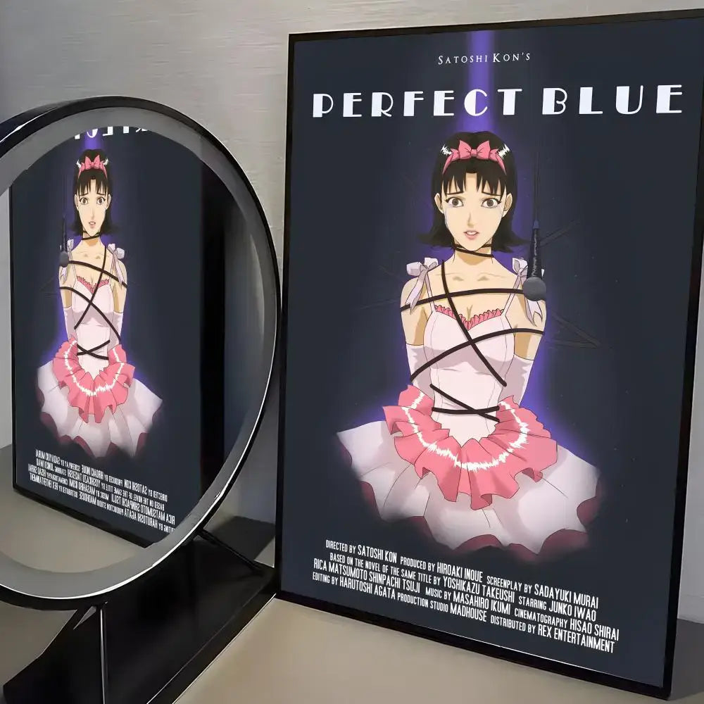 A framed perfect blue poster featuring a white and pink ballet outfit character in minimalist wall art style on pp paper