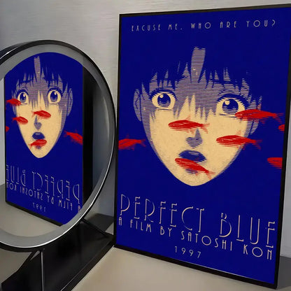 A framed perfect blue poster by satoshi kon featuring minimalist wall art with cream face and red fish on deep blue background