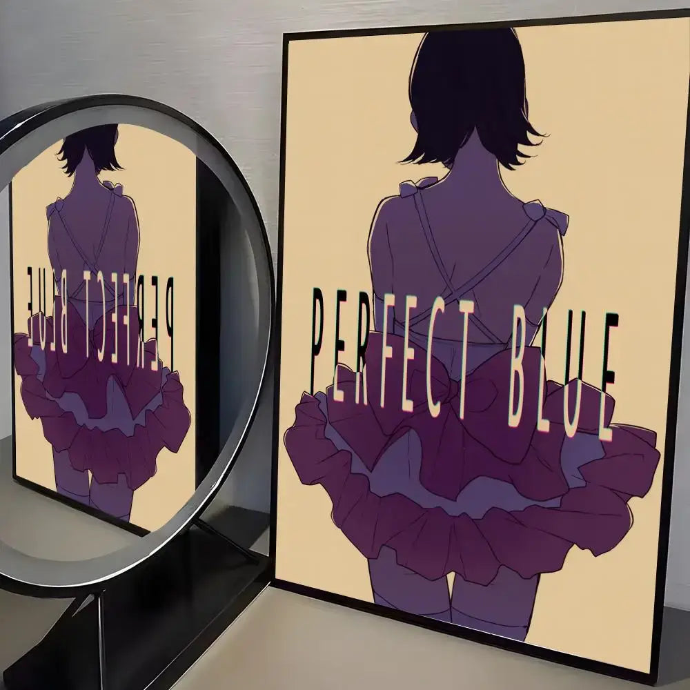 A framed perfect blue poster with purple ruffled skirt on beige pp paper minimalist wall art for home decor