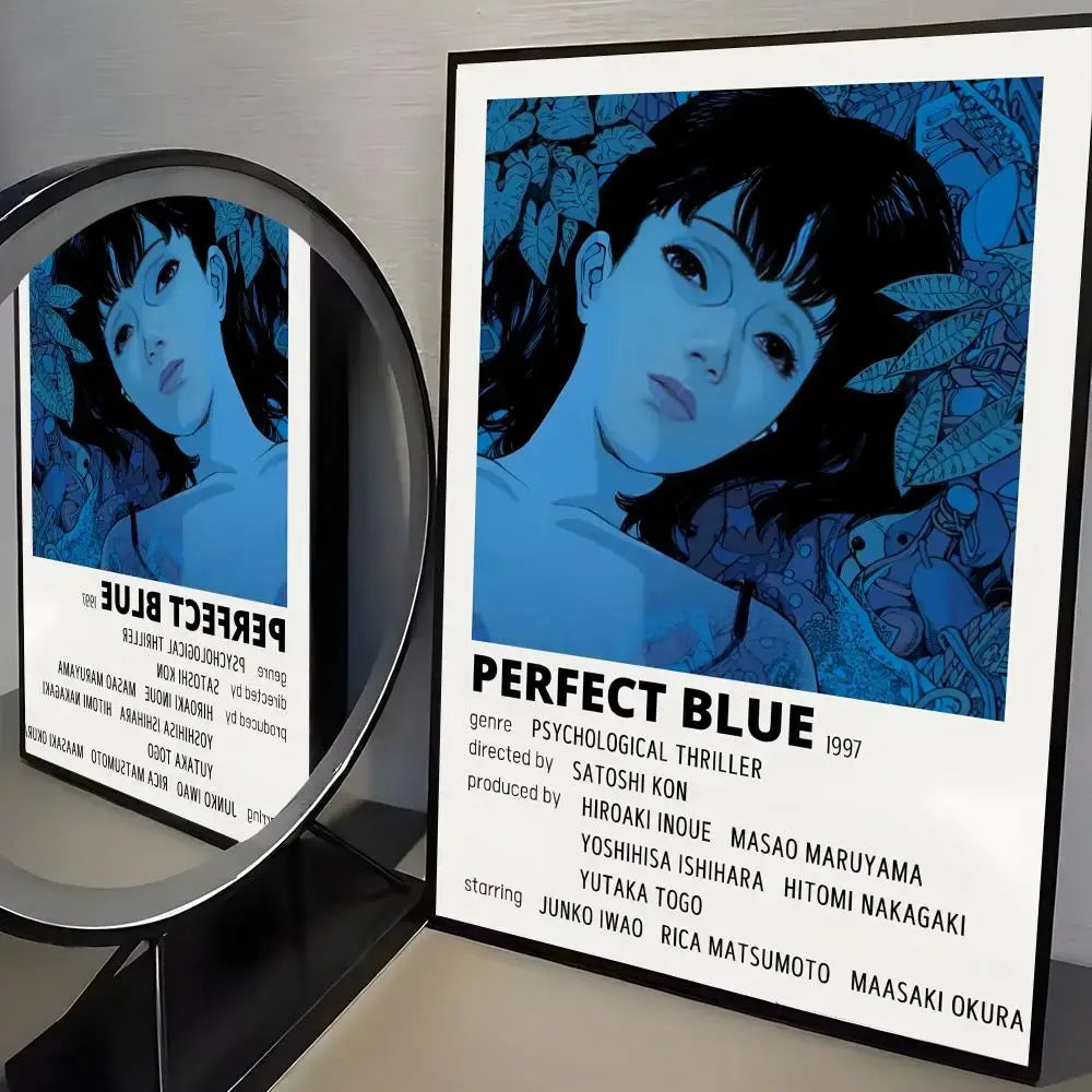 Blue-toned minimalist wall art poster for the 1997 film perfect blue by satoshi kon with white text on black border