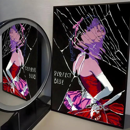 A framed minimalist wall art print of perfect blue with bold red and purple featuring a character holding a knife