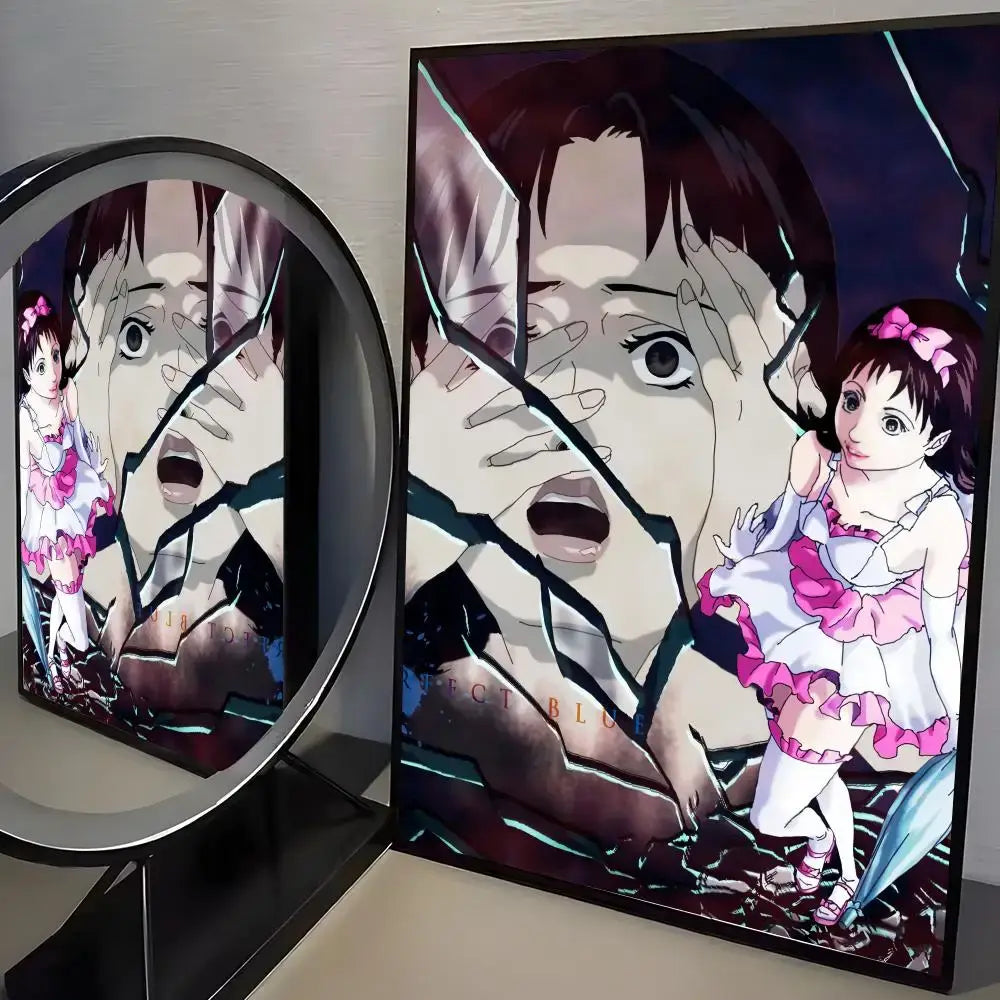 A framed perfect blue poster featuring a young girl in pink and white dress on pp paper minimalist wall art