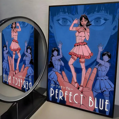 A framed perfect blue poster featuring a pink-clad anime performer on pp paper minimalist wall art
