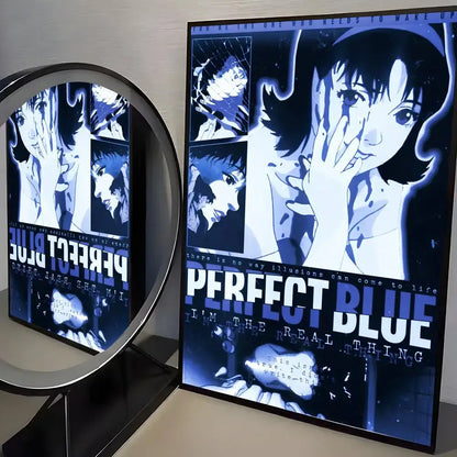 A framed perfect blue movie poster with blue and white anime art on pp paper for minimalist wall art