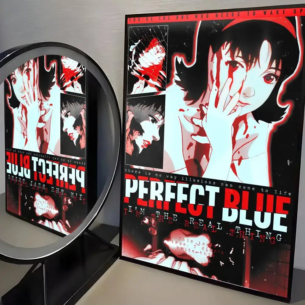 Black and red perfect blue poster on pp paper displayed upright next to a mirror minimalist wall art for modern decor