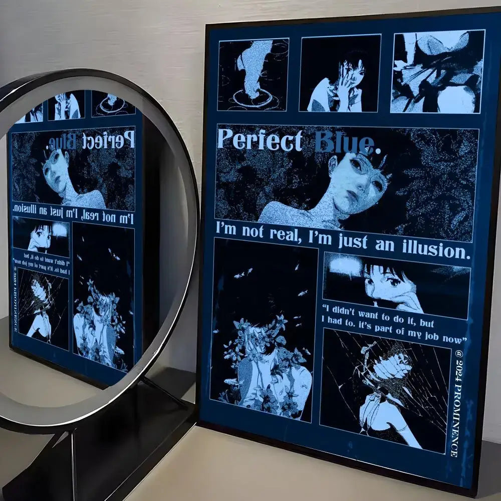 Dark blue framed perfect blue poster with stylized anime art and mirror reflection minimalist wall art on pp paper