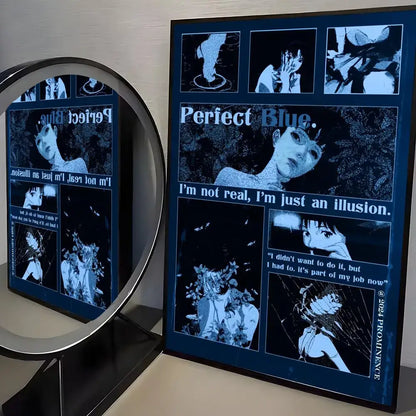 Dark blue framed perfect blue poster with stylized anime art and mirror reflection minimalist wall art on pp paper