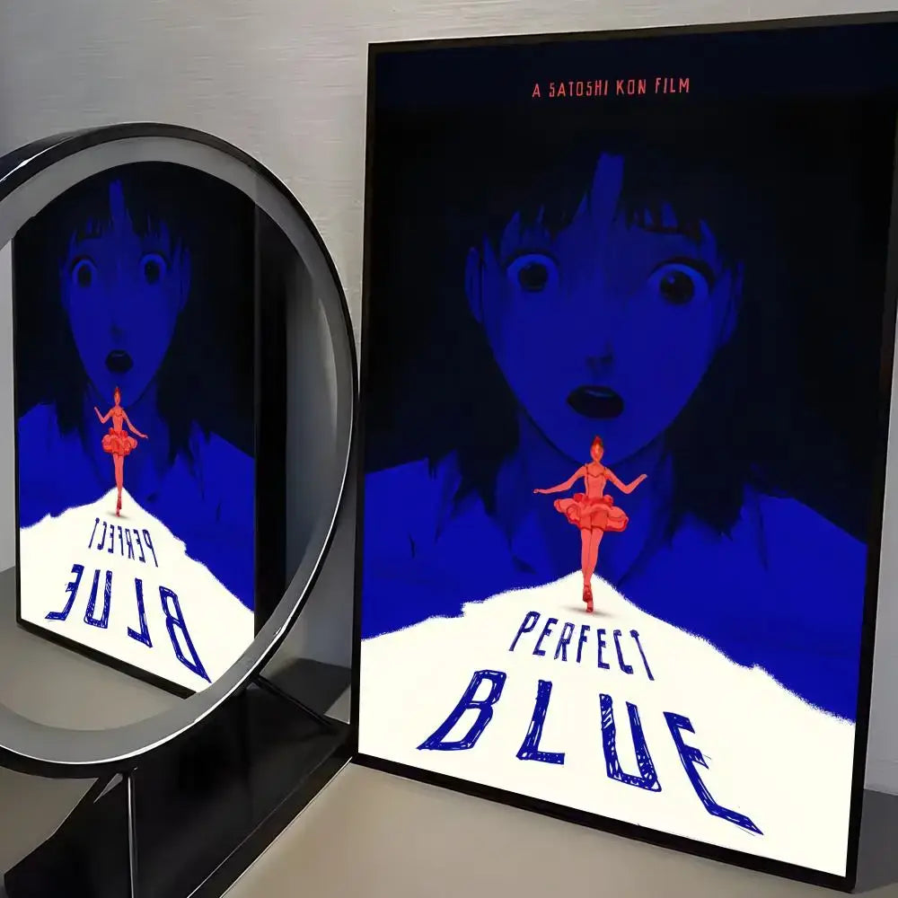A framed perfect blue poster by satoshi kon with blue tones and an orange ballerina minimalist wall art print