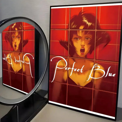 A framed perfect blue poster with red background and illustrated woman face grid on pp paper minimalist wall art