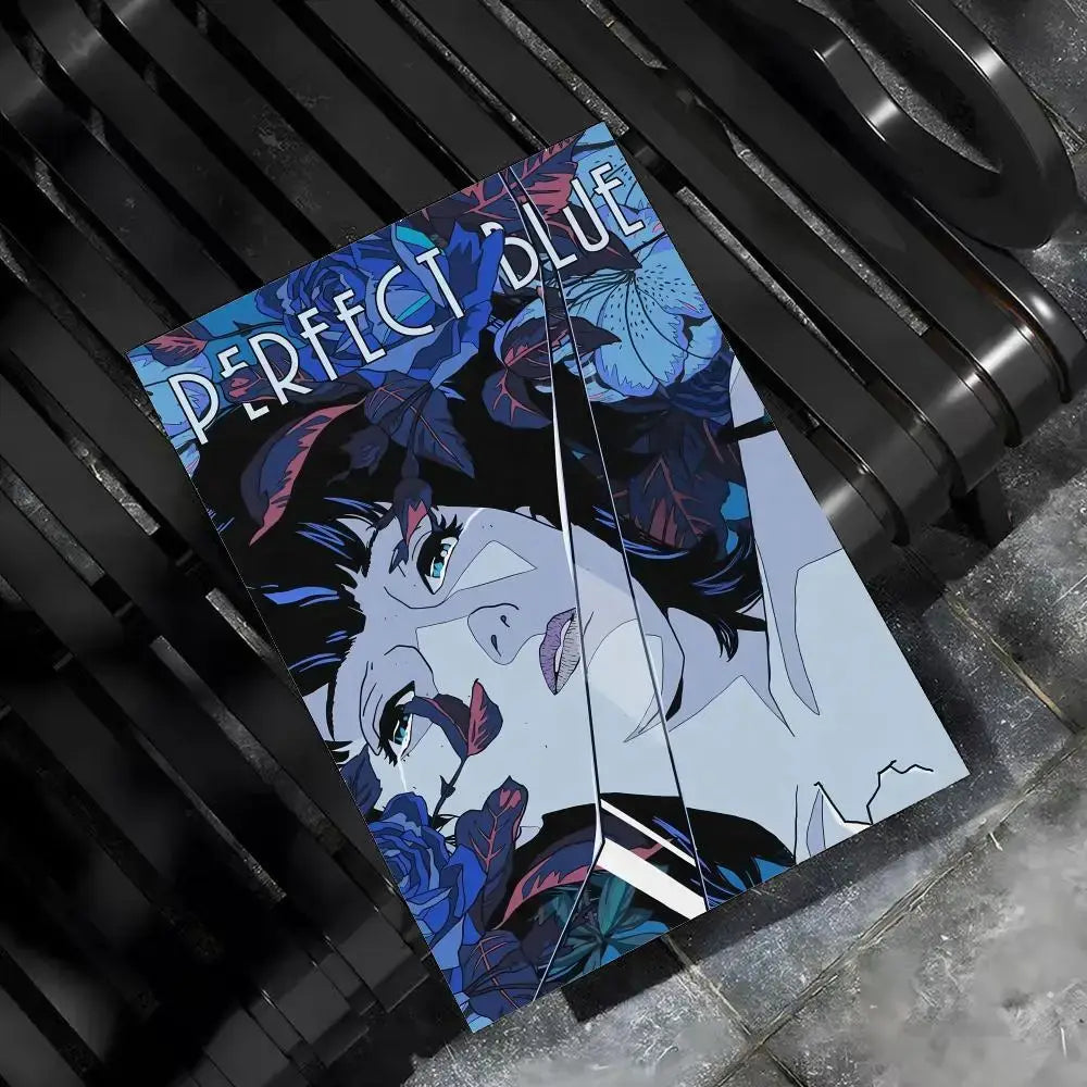 Perfect blue poster minimalist wall art featuring a glossy rectangular mirror with anime woman and blue purple flowers