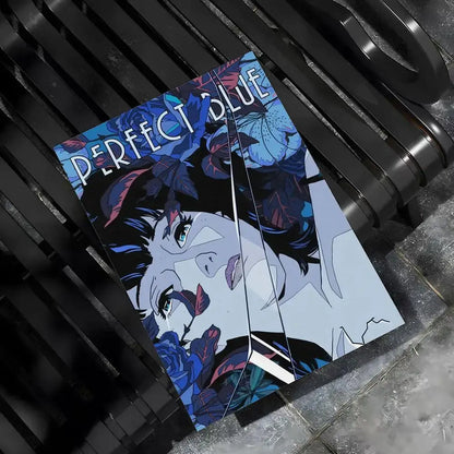 Perfect blue poster minimalist wall art featuring a glossy rectangular mirror with anime woman and blue purple flowers