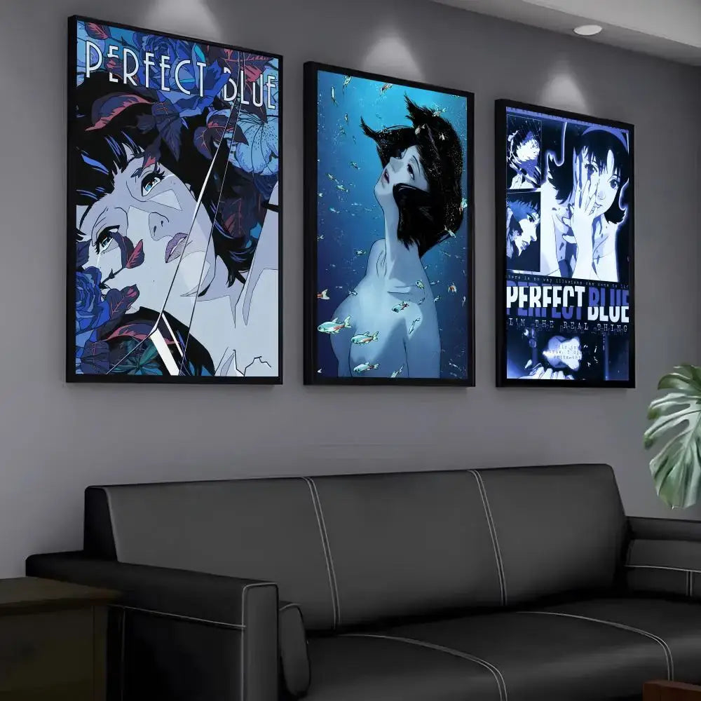Three framed perfect blue anime posters in black frames displayed as minimalist wall art against a gray wall