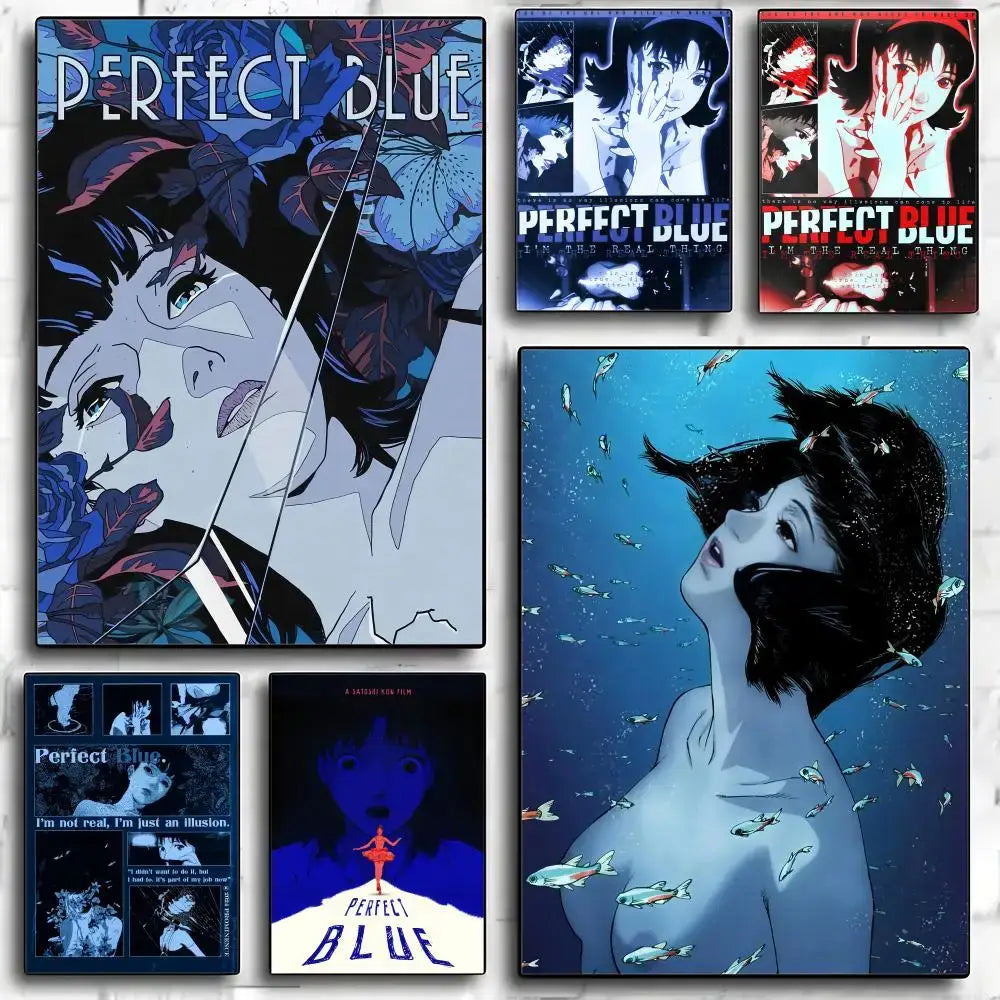 Perfect blue poster minimalist wall art with blue-toned anime art of a woman dark hair roses and fish on pp paper