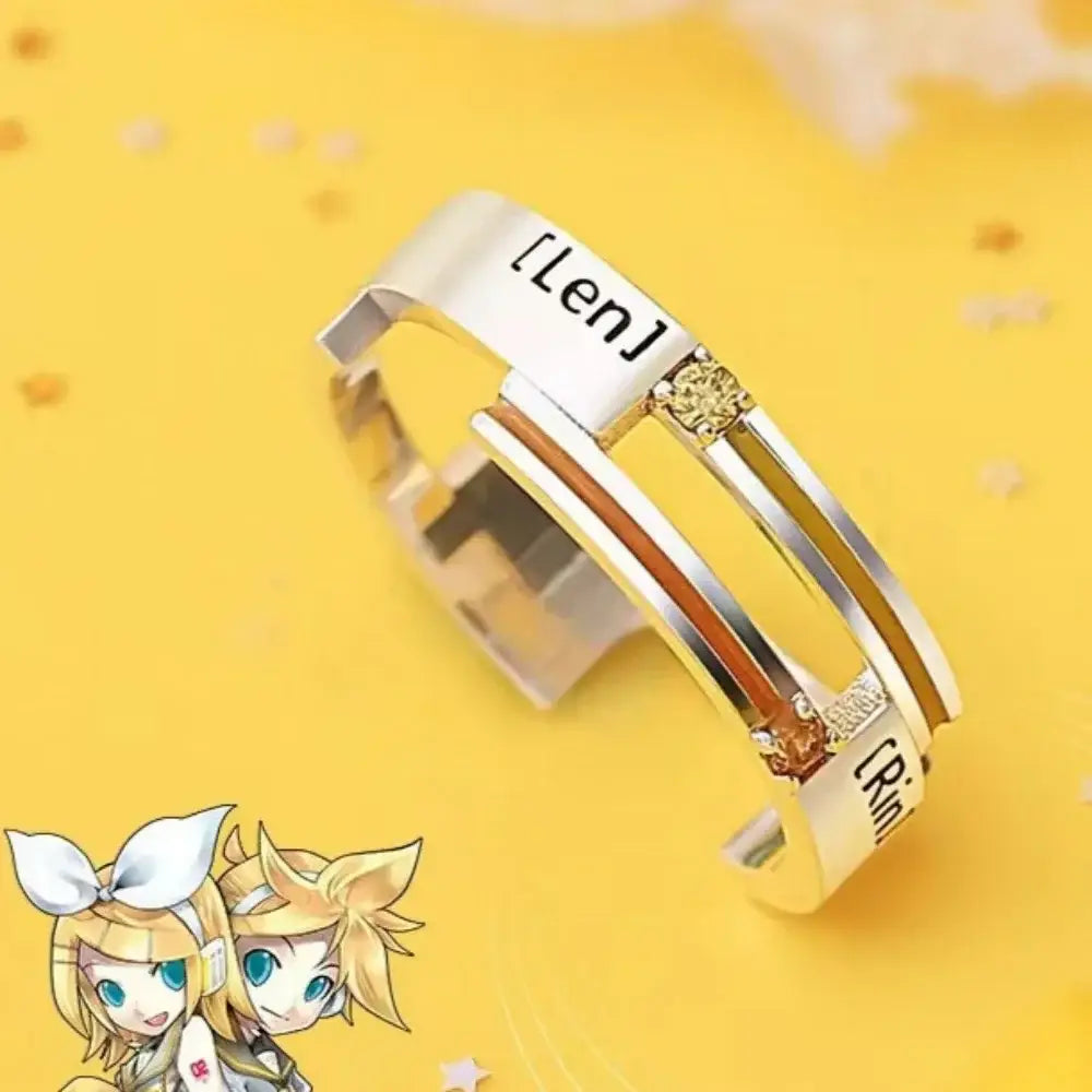 Silver and gold-toned sterling silver ring with kagamine rin engraving and small gemstones dual band design
