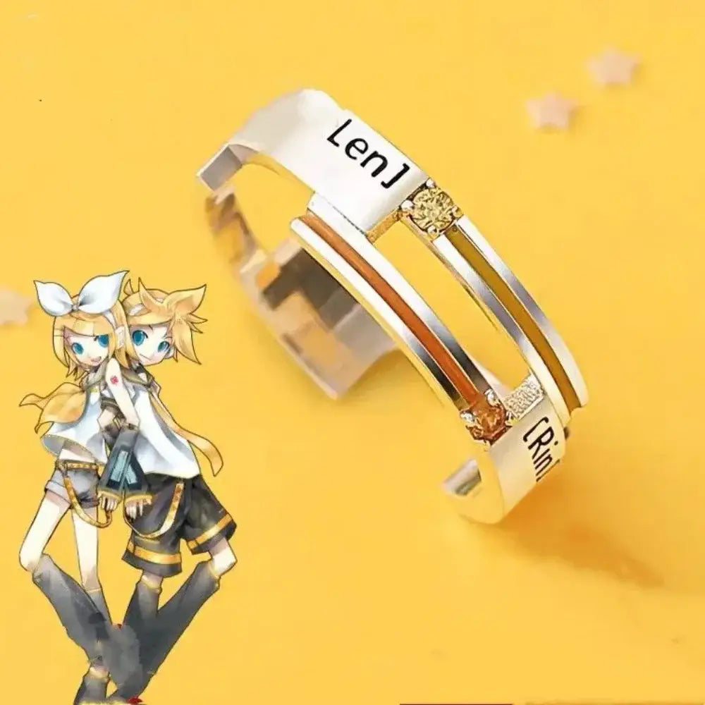 A sleek multi-band sterling silver and gold kagamine rin silver ring with engraved names and small gemstones