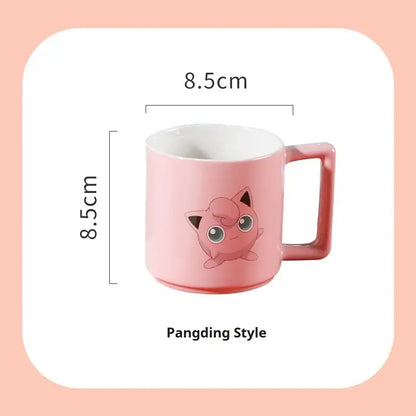 Pink ceramic mug featuring a printed illustration of the pokémon jigglypuff for coffee and tea use