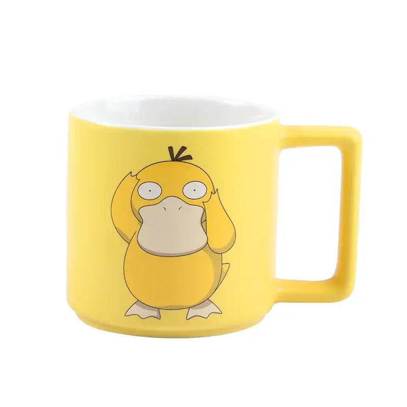 Yellow ceramic mug featuring a cartoon illustration of psyduck for coffee and tea use ceramic mug