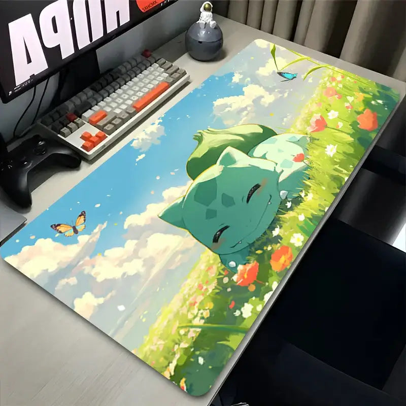Rectangular glossy bulbasaur mouse pad desk mat with vibrant floral design under blue sky for large desk use