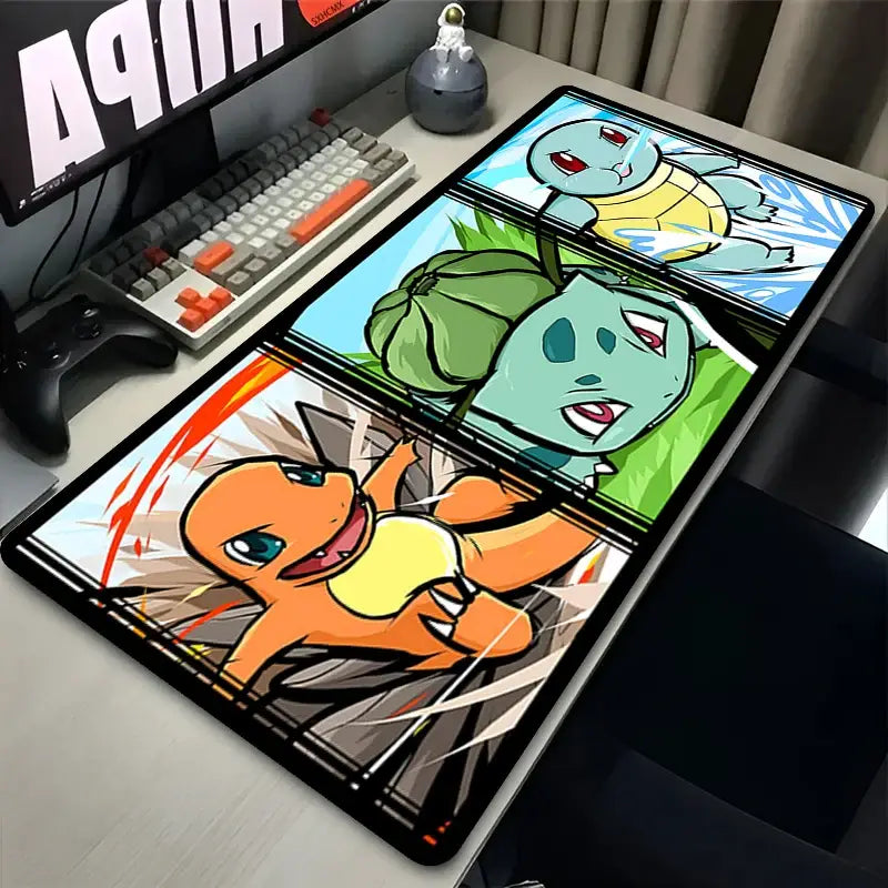 Rectangular black-bordered pokemon desk mat featuring vibrant squirtle bulbasaur and charmander illustrations mouse pad