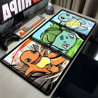 Rectangular black-bordered pokemon desk mat featuring vibrant squirtle bulbasaur and charmander illustrations mouse pad