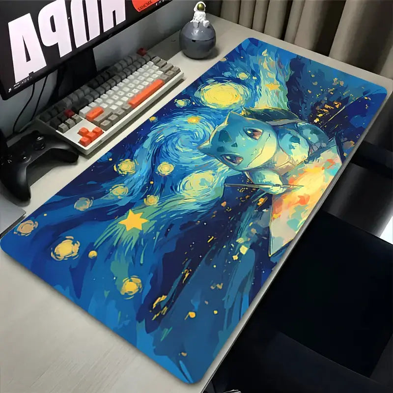 Pokemon bulbasaur mouse pad large desk mat with blue and yellow starry night squirtle gaming design