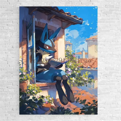 Blue and black lucario anime canvas print wall art showing the pokémon reading a book in a european courtyard