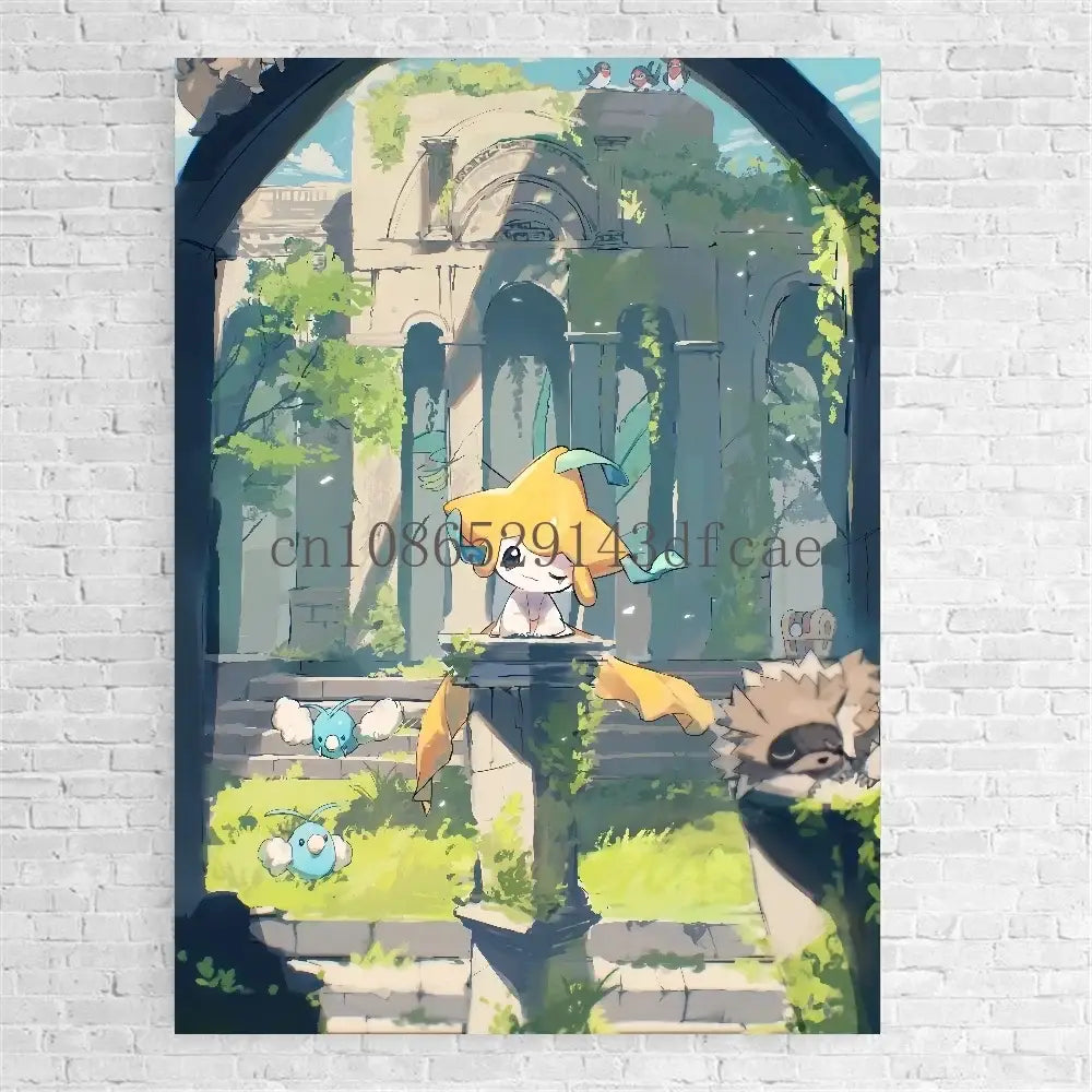 Pokemon bulbasaur trio canvas print wall art featuring yellow and white pokémon on stone steps in overgrown ruins
