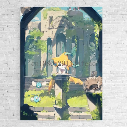Pokemon bulbasaur trio canvas print wall art featuring yellow and white pokémon on stone steps in overgrown ruins