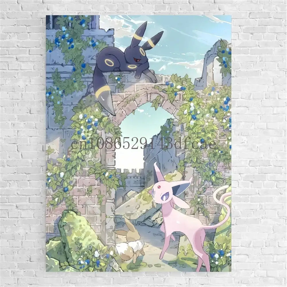 Pokemon bulbasaur trio canvas print featuring black and yellow umbreon and pink eevee in watercolor wall art design