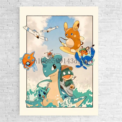 Pokemon bulbasaur trio canvas print wall art features colorful watercolor characters with a sky and water backdrop
