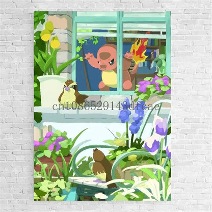 Pokemon bulbasaur trio canvas print wall art featuring a colorful red and yellow charmander with green plants and flowers