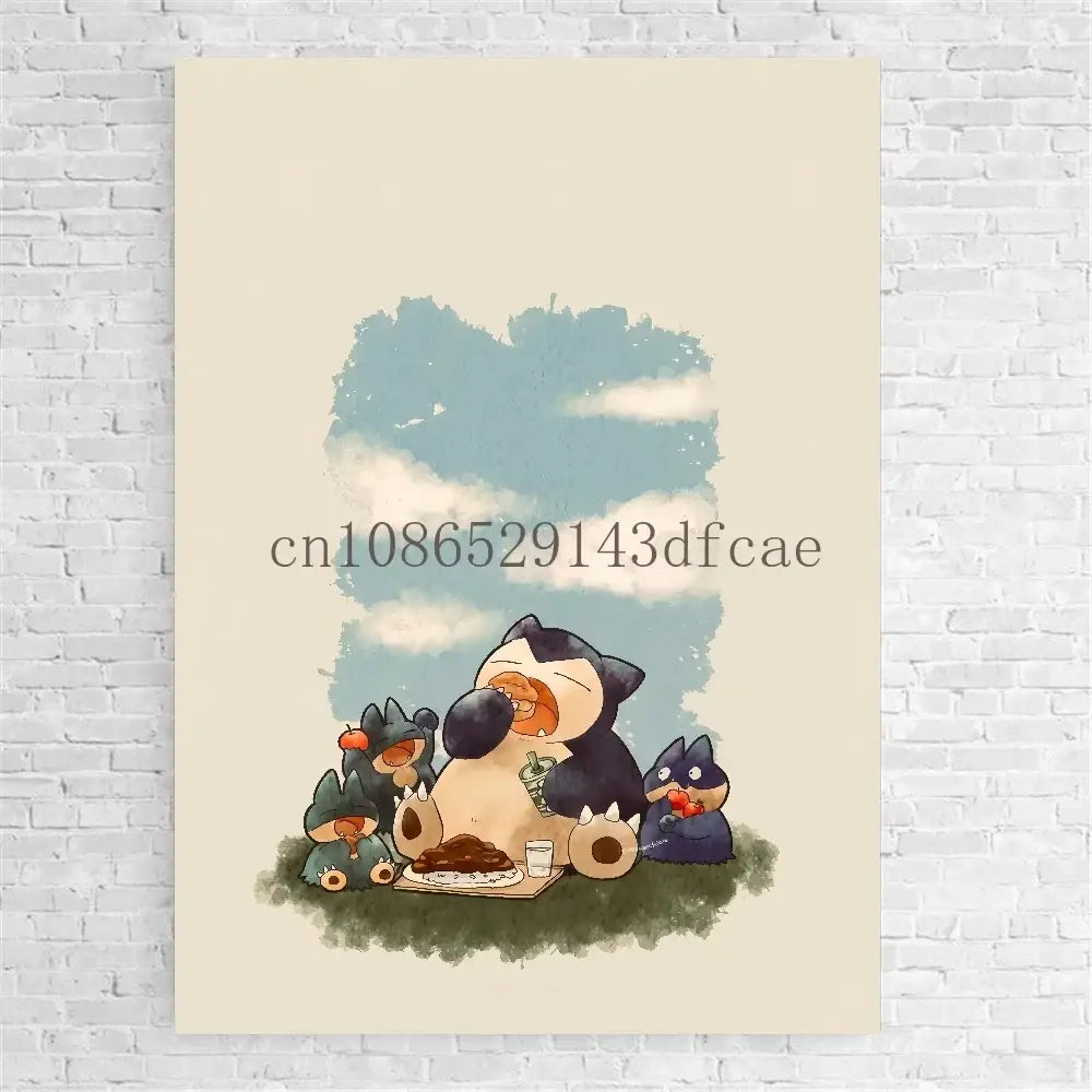 Beige pokemon bulbasaur trio canvas print wall art with snorlax family picnic watercolor illustration under blue sky