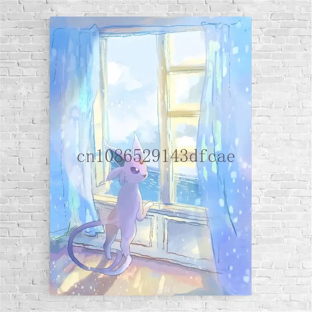 Pokemon bulbasaur trio canvas print watercolor wall art with soft lavender eevee by a window with blue curtains and sunlight