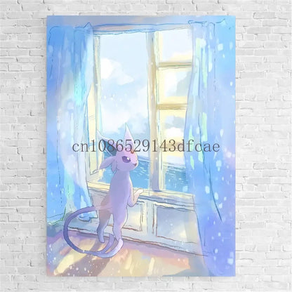 Pokemon bulbasaur trio canvas print watercolor wall art with soft lavender eevee by a window with blue curtains and sunlight