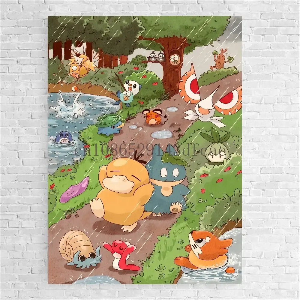 Pokemon bulbasaur trio colorful canvas print wall art featuring a rainy forest scene with psyduck and squirtle